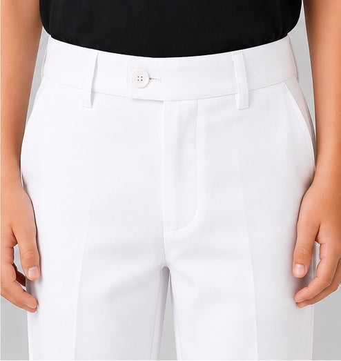 LIUMI Kids Classic School Suit Trousers in White — front waistband and pocket detail
