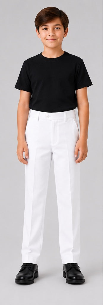 LIUMI Kids Classic School Suit Trousers in White — front view, worn with a black t-shirt