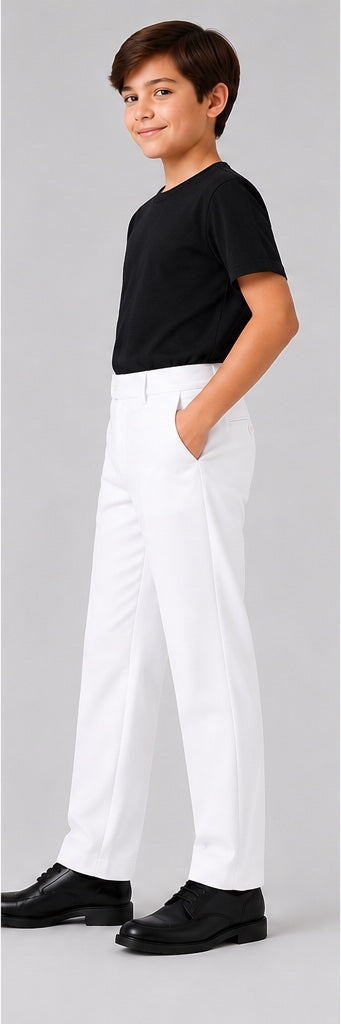 LIUMI Kids Classic School Suit Trousers in White — side view, worn with a black t-shirt