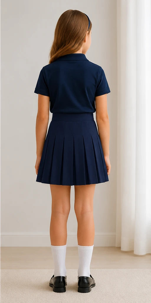 LIUMI Kids Premium Pleated School Skirt in Navy — back view, worn with a navy school polo