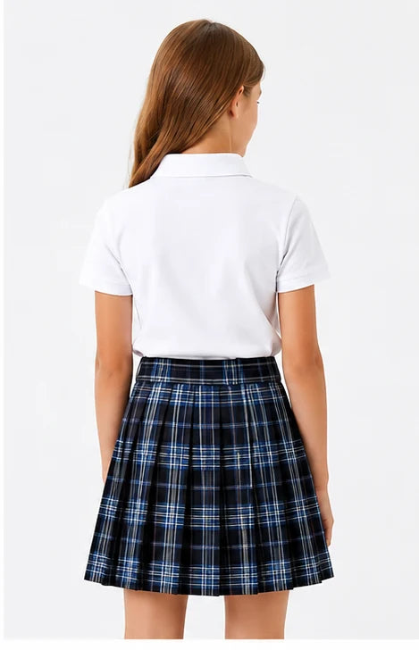 LIUMI Teens Premium Girls Pleated School Skirt in Navy Check — back view, worn with a white school polo
