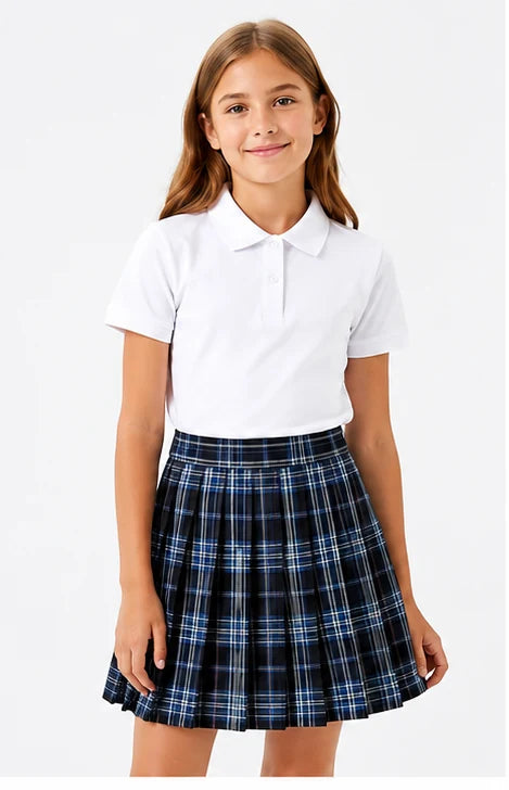 LIUMI Teens Premium Girls Pleated School Skirt in Navy Check — front view, worn with a white school polo