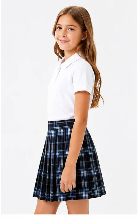 LIUMI Teens Premium Girls Pleated School Skirt in Navy Check — side view, worn with a white school polo