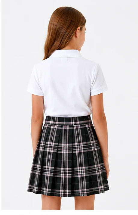 LIUMI Teens Premium Girls Pleated School Skirt in Pink Check — back view, worn with a white school polo