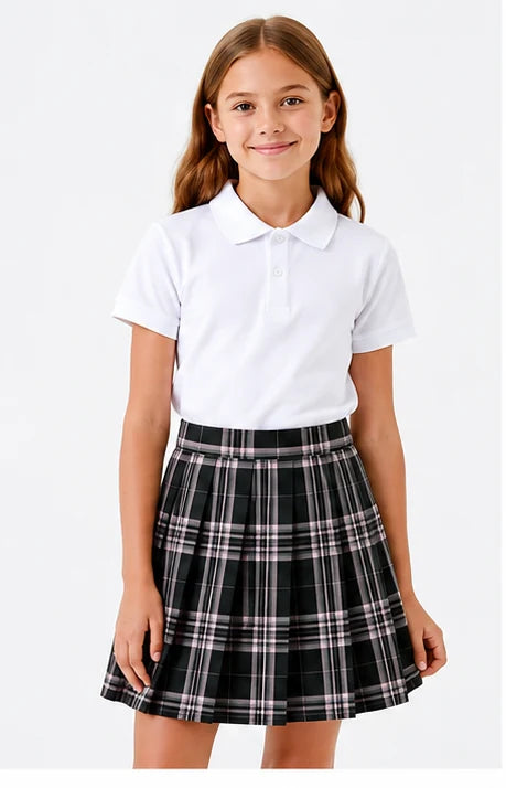 LIUMI Teens Premium Girls Pleated School Skirt in Pink Check — front view, worn with a white school polo