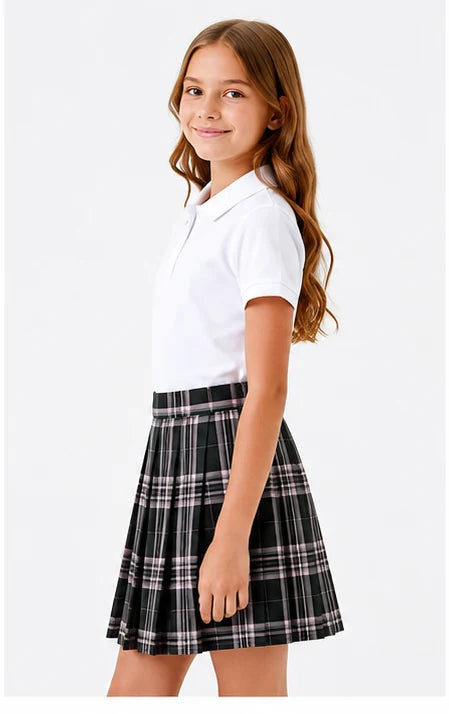 LIUMI Teens Premium Girls Pleated School Skirt in Pink Check — side view, worn with a white school polo