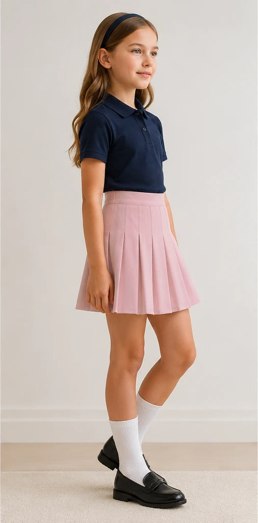 LIUMI Kids Premium Pleated School Skirt in Pink — side view, worn with a navy school polo