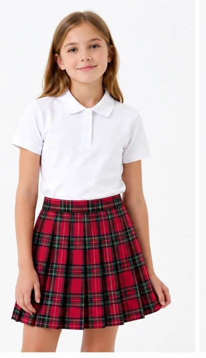 LIUMI Teens Premium Girls Pleated School Skirt in Red Tartan — front view, worn with a white school polo