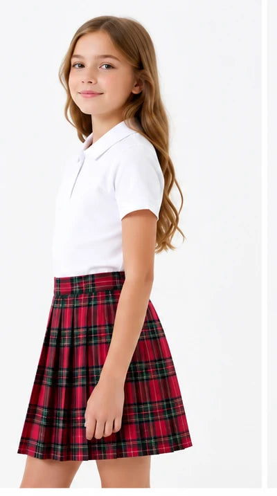 LIUMI Teens Premium Girls Pleated School Skirt in Red Tartan — side view, worn with a white school polo