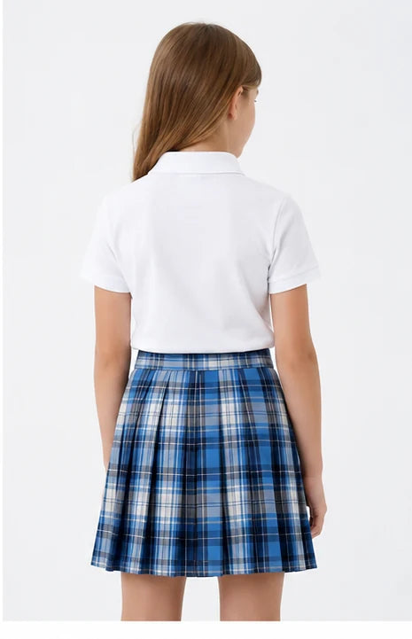 LIUMI Teens Premium Girls Pleated School Skirt in Royal Blue — back view, worn with a white school polo