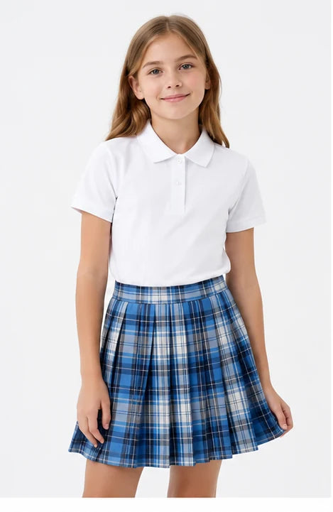 LIUMI Teens Premium Girls Pleated School Skirt in Royal Blue — front view, worn with a white school polo