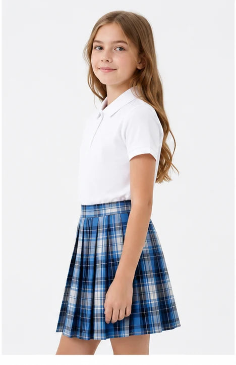LIUMI Teens Premium Girls Pleated School Skirt in Royal Blue — side view, worn with a white school polo